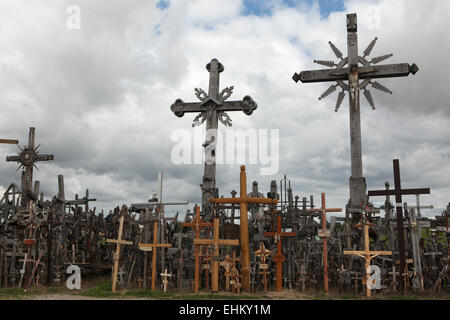 Holzkreuze am Berg der Kreuze, die wichtigste litauische katholische Wallfahrtsort in der Nähe von Siauliai, Litauen. Stockfoto