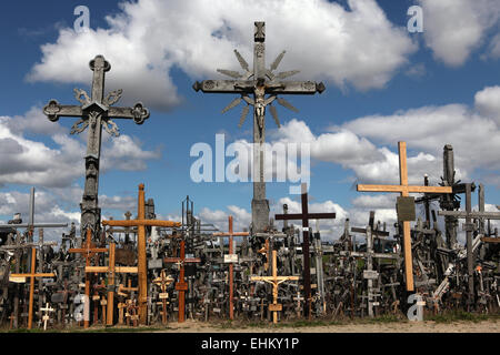 Holzkreuze am Berg der Kreuze, die wichtigste litauische katholische Wallfahrtsort in der Nähe von Siauliai, Litauen. Stockfoto