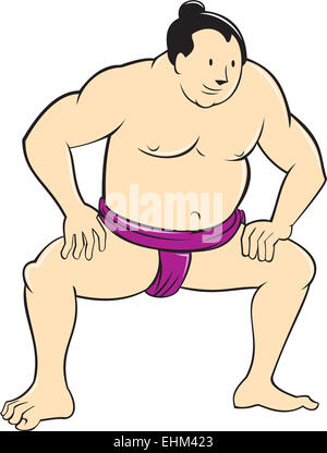 Abbildung von einem japanischen Sumo-Ringer mit Blick nach vorne hocken auf isolierten weißen Hintergrund im Cartoon-Stil gemacht. Stockfoto