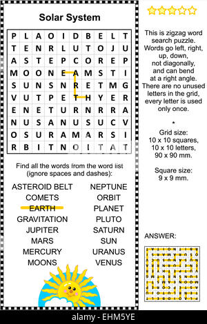 Solar-System unter dem Motto Zick-Zack-Wortsuchrätsel Puzzle (geeignet für Kinder und Erwachsene). Antwort enthalten. Stockfoto