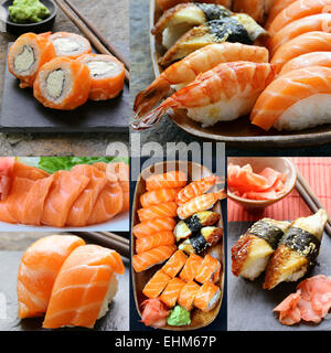 Legen Sie verschiedene Arten von japanischen Sushi und Rollen Stockfoto
