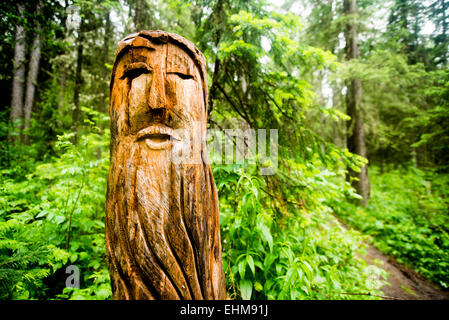 Nahaufnahme von geschnitzte Totempfahl in der Nähe von Waldweg Stockfoto