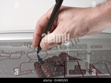 Hand greift ein Blockdiagramm auf einem transparenten Glas Stockfoto