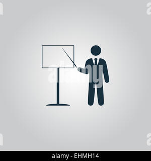 Präsentation-Schild-Symbol. Mann, stehend mit Zeiger Stockfoto