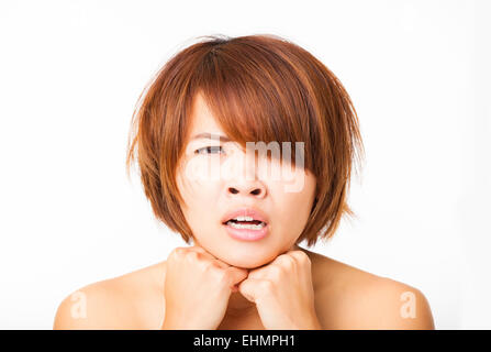 Closeup junge Frau mit Kopfschmerzen Stockfoto