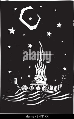 Holzschnitt-Stil Bild ein Wikinger Häuptling auf einem Longboat nachts verbrannt. Stock Vektor