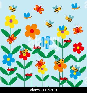 Bunte und niedliche Kinder Hintergrund mit Blumen, Biene und Schmetterling Stock Vektor