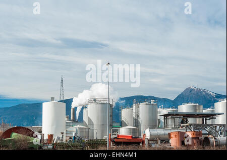 Industrieanlage einer Möbelfabrik mit rauchenden Schornsteinen vor dem Hintergrund der italienischen Alpen Stockfoto
