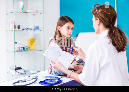 Diabetische 7-Year-Old Girl hören von ihrem Arzt erklären, wie man eine Art von Insulin Spritze verwenden. Stockfoto