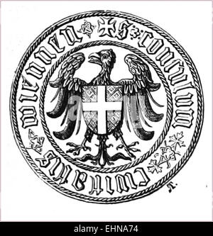 Eine Publikation von Weiss aus dem Jahr 1872, in der die Wappen der Stadt Wien mit den historischen Symbolen der Stadt dargestellt werden. Stockfoto