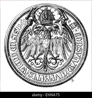 Eine Illustration von Weiss aus dem Jahr 1872 mit den Wappen der Stadt Wien. Die Zeichnung zeigt die heraldischen Symbole, die die Geschichte und das Erbe der Stadt repräsentieren. Stockfoto