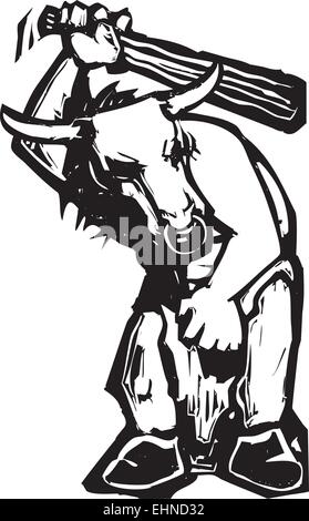 Holzschnitt Stil expressionistische Bild von einem griechischen Minotaurus mit einer Keule Stock Vektor