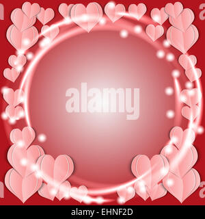 Karte zum Valentinstag ein funkelnder Ring mit rosa Herzen Stockfoto