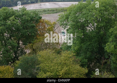 Farbe im Herbst an einen Traktor blickte durch große Bäume beginnen zu drehen und Saatgut Bohrer Einpflanzen einer Getreide-Ernte im Herbst Stockfoto