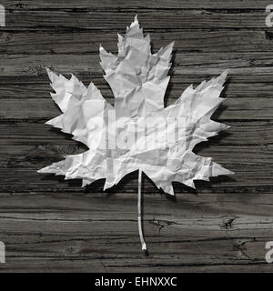 Papier Blatt auf einem alten rustikalen Holz Hintergrund als Symbol für Natur und recycling oder Zellstoff und Papier-Industrie-Symbol. Stockfoto