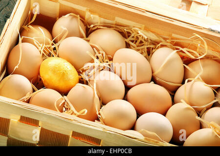 Gold-Ei in einem Korb voller Eier Stockfoto
