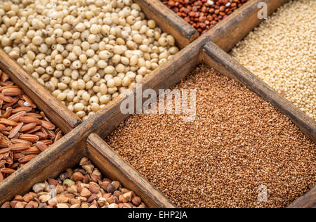 Teff und andere Gluten frei Körner in einer rustikalen Holzkiste Stockfoto