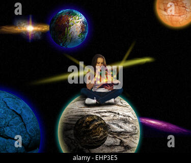 Darstellung eines fremden Planeten und eine Frau, ein Buch zu lesen, wie sie Transporter in eine Fantasiewelt Raum ist. Stockfoto