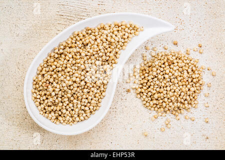 Gluten-freie Sorghum-Korn in eine Träne geformt Bowl gegen weiß lackierten Grunge Holz, Ansicht von oben Stockfoto