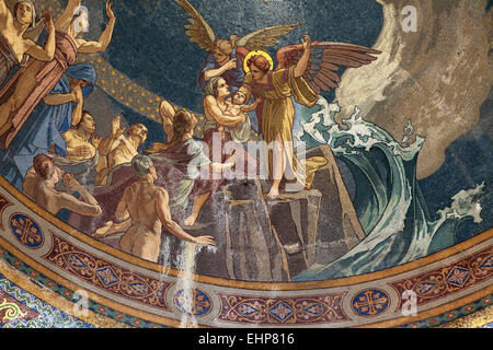 Auferstehung der Toten. Detail des jüngsten Gerichts Mosaiks ungarischen Künstlers Janos Stein in den Jugendstil-Arkaden auf dem Kerepesi Friedhof in Budapest, Ungarn. Die ungarischen Architekten Lajos Gerle und Armin Hegedüs Arkaden wurden 1904-1908 gebaut. Das Mosaik wurde von ungarischen Mosaik Meister Miksa Roth gemacht. Stockfoto