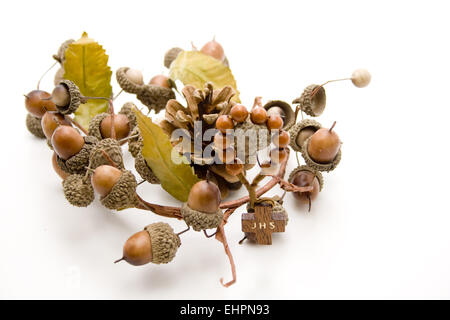 Holzkreuz mit Eichel Kranz Stockfoto