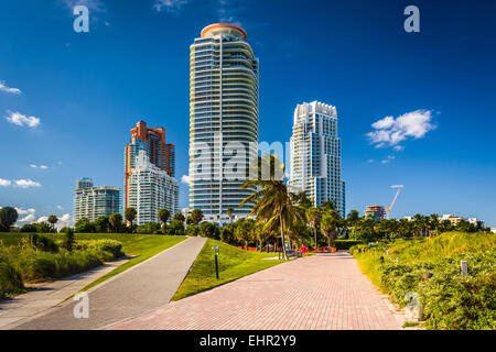 Gehwege im South Pointe Park und Wolkenkratzer in Miami Beach, Florida. Stockfoto