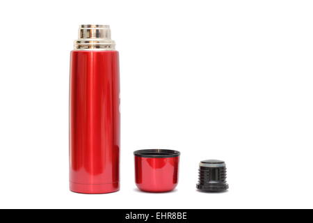 Öffnen Sie rote Thermo-Flasche mit Schatten auf weißem Hintergrund Stockfoto