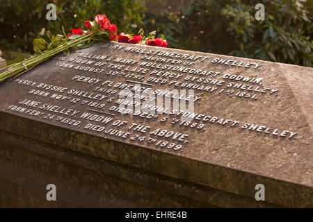 Rote Rosen am Grab von Mary Shelley, Mary Wollstonecraft Shelley, Autorin von Frankenstein, in der St. Peters Church, Bournemouth, Dorset, Großbritannien Stockfoto