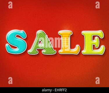 Die Worte Verkauf in bunten texturierte Buchstaben auf einem pulsierenden roten Hintergrund geschrieben Stockfoto