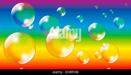 Seifenblasen auf Regenbogen Farben gradient Hintergrund. Stockfoto