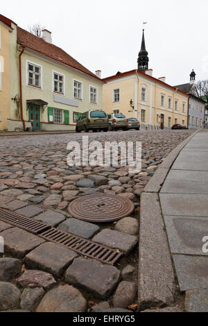 Gepflasterte Straße in der Altstadt von Tallinn, Estland Stockfoto