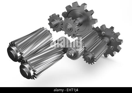 Stahl Zahnräder isoliert auf weißem Hintergrund Stockfoto