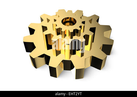 Goldene Zahnräder isoliert auf weißem Hintergrund Stockfoto