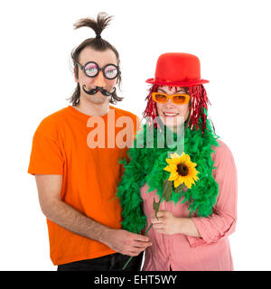 Mann und Frau in lustige Faschingskostüme, isoliert in weiß gekleidet Stockfoto