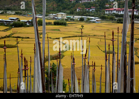 BHUTAN-Banner, die Toten auf einem Hügel mit Blick auf die Felder der roten Reisanbau im Paro Tal zu feiern. Stockfoto