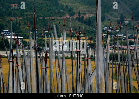 BU00378-00... BHUTAN-Banner, die Toten auf einem Hügel mit Blick auf die Felder der roten Reisanbau im Paro Tal zu feiern Stockfoto
