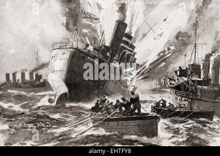 Die Sprengung der HMS Amphion durch eine deutsche mine im ersten Weltkrieg. Stockfoto