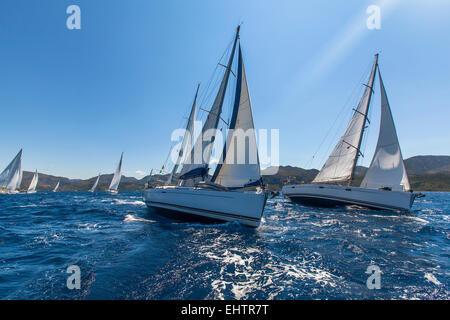 Segel-Regatta. Segelschiffe Yachten mit weißen Segeln auf dem offenen Meer. Stockfoto