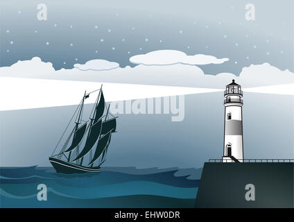 Küste mit Leuchtturm und Segelschiff Stockfoto