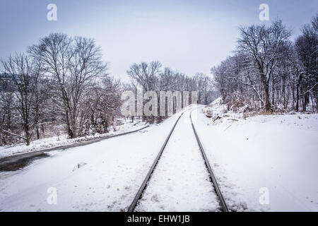Schneebedeckten Eisenbahnschienen in ländlichen Carroll County, Pennsylvania. Stockfoto