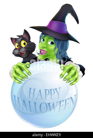 Eine Karikatur Hexe schwarze Katze und große Kristallkugel mit Happy Halloween auf die Kristallkugel Stockfoto