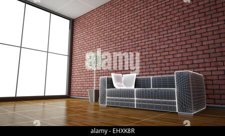 Seitenansicht von einem inneren Rendering aus einem Wohnzimmer mit Texturen und Drahtmodell Stockfoto