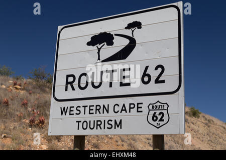 Route 62 Straßenschild auf der garden Route in Little Karoo, Südafrika. Stockfoto