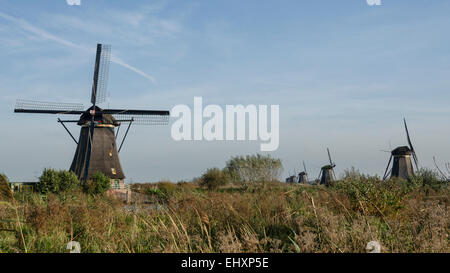 Windmühlen in Kinderdijk in den Niederlanden die stammen aus dem 18. Jahrhundert und wurden verwendet, um Wasser aus dem Land abfließen. Stockfoto