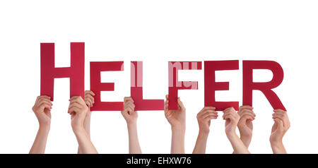 Menschen halten gerade deutsche Wort Helfer bedeutet Helfer Stockfoto