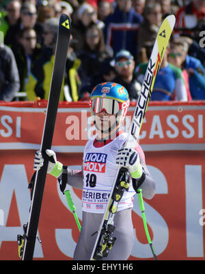 Meribel, Frankreich. 18. März 2015. Steven Nyman reagiert im Zielgelände bei der FIS Alpine Ski World Cup Men's downhill-Rennen am 18. März 2015 in Meribel, Frankreich. Bildnachweis: Mitchell Gunn/ESPA/Alamy Live-Nachrichten Stockfoto