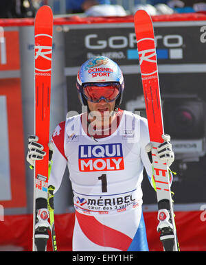 Meribel, Frankreich. 18. März 2015. Didier Defago Schweiz reagiert im Zielgelände bei der FIS Alpine Ski World Cup Men's downhill-Rennen am 18. März 2015 in Meribel, Frankreich. Bildnachweis: Mitchell Gunn/ESPA/Alamy Live-Nachrichten Stockfoto