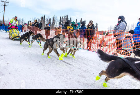 Musher Monica Zappa von Kasilof, Alaska, hier gezeigten Anfang 2015 Iditarod Sled Dog Race in Fairbanks, Alaska, lief auf der Rückseite der Packs in dieser Woche als Fellow Alaskan Dallas Seavey und seine Schlittenhunde kreuzte auf der Gewinner-Linie am Mittwoch. Foto: Scott Chesney/dpa Stockfoto