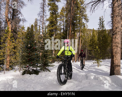 Zwei Frauen fahren ihre fetten Bikes, Breckenridge, Colorado. Stockfoto