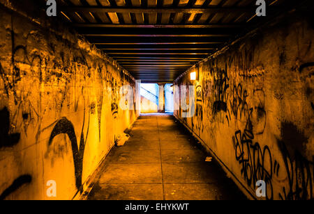 Graffiti in einem dunklen Fußgängertunnel in Philadelphia, Pennsylvania. Stockfoto